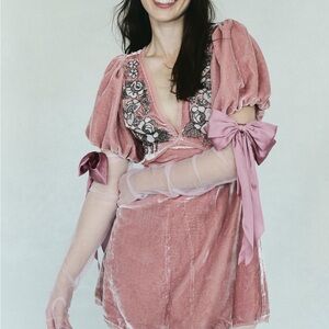 Free People Pink Velvet Chemise with Floral Details